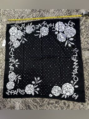 CHANEL Black & White Camellia Silk Scarf 34 in